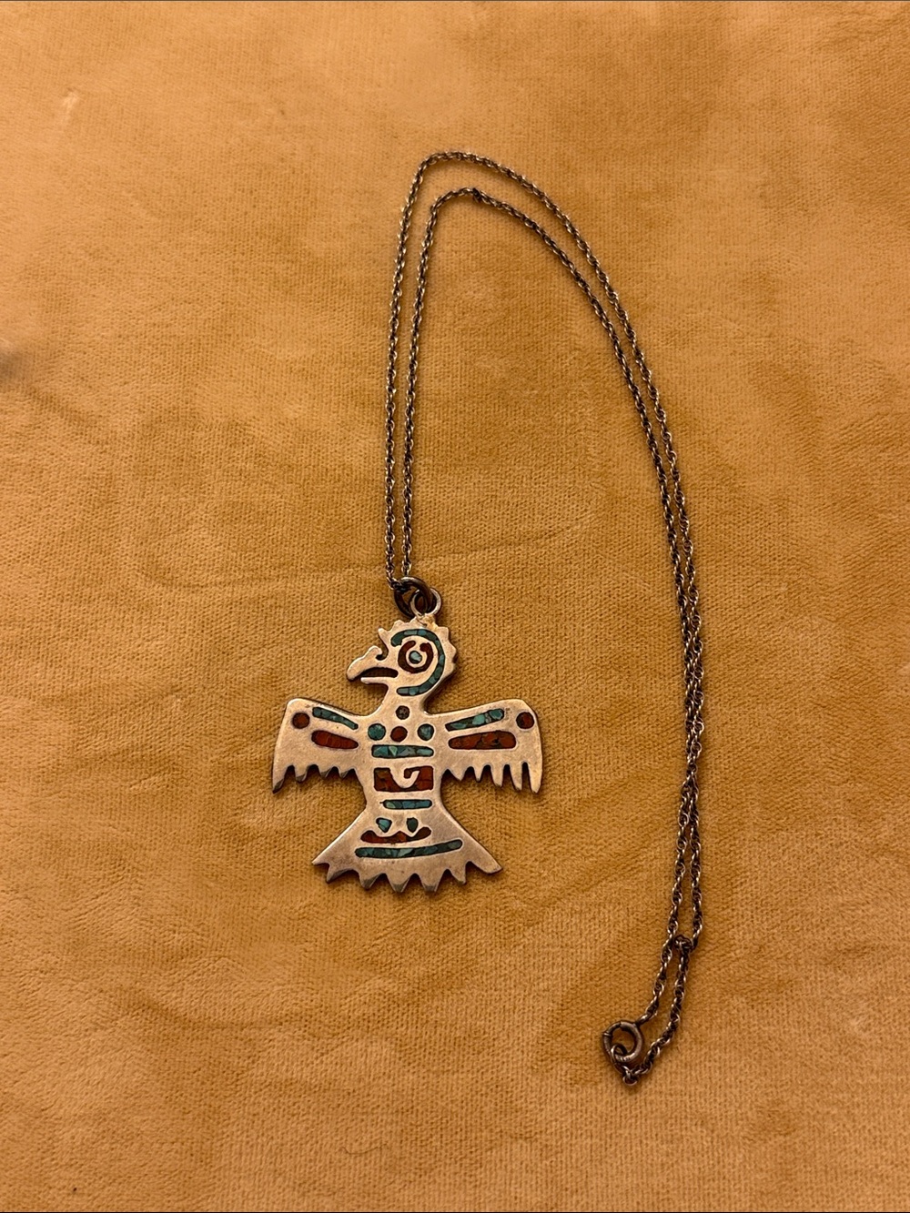 Native American Thunderbird Necklace in Sterling with Turquoise & Coral Accents